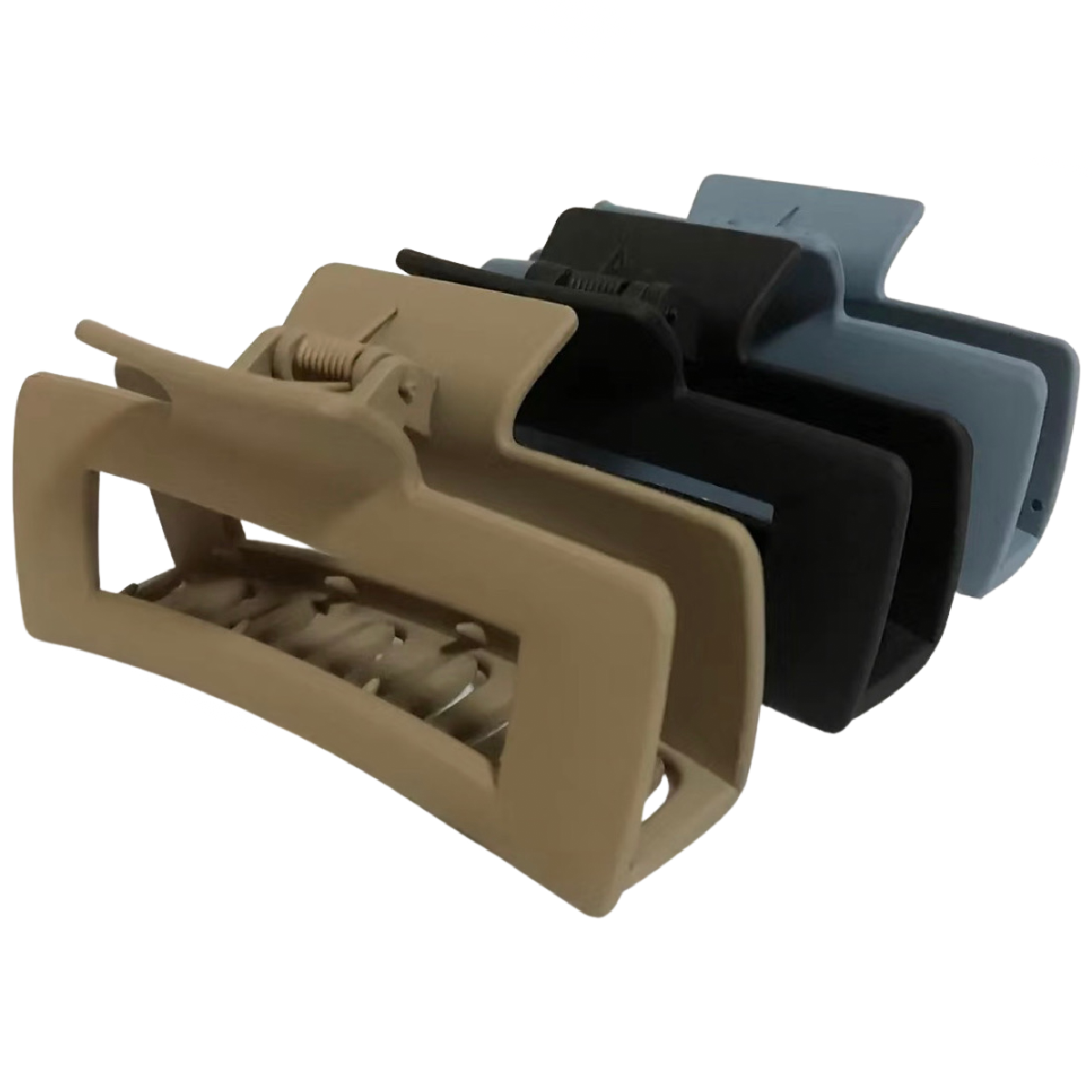 Lot of 3 Hair Claw Shark Clips Matte Opaque Blue, Gray, Tan Rectangle 3.3" NEW