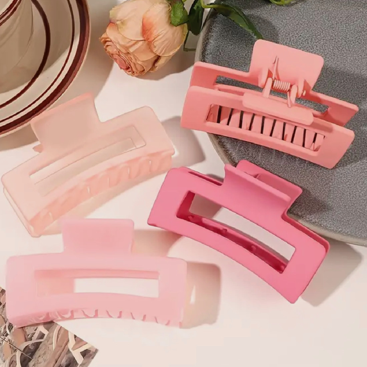 Lot of 4 Hair Claw Shark Clips 4.13" Matte Hollow Rectangle Non Slip Pink Shades