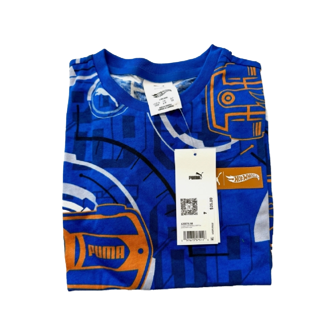 Puma Boys' Blue Short Sleeve Cotton Graphic T-Shirt Hot Wheels Size Youth 7 NWT