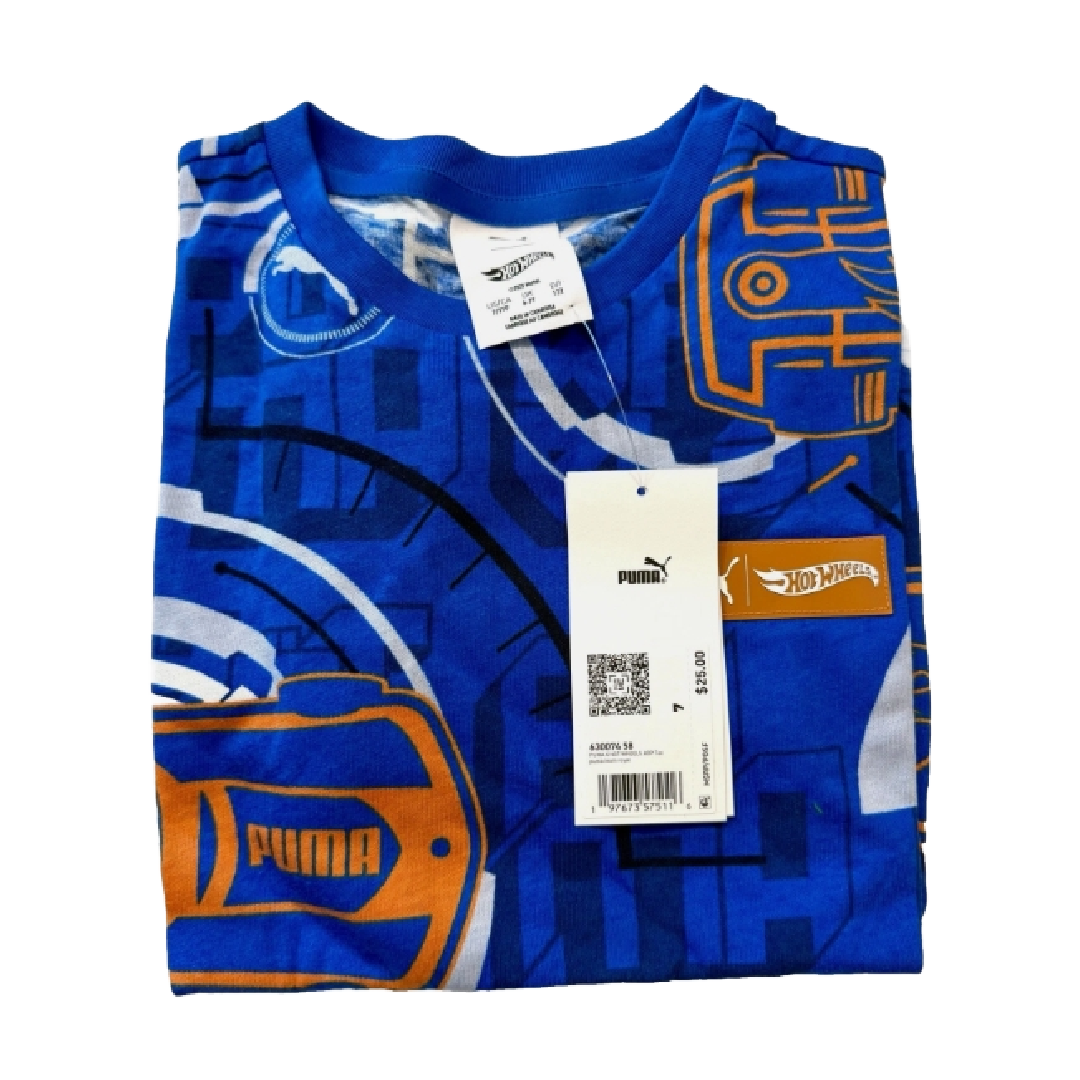 Puma Boys' Blue Short Sleeve Cotton Graphic T-Shirt Hot Wheels Size Youth 7 NWT