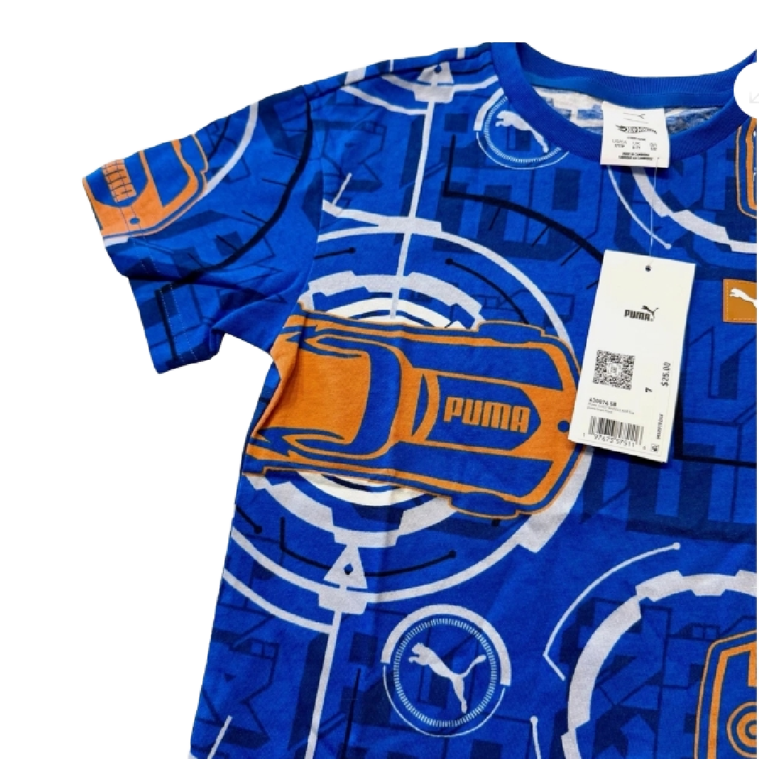 Puma Boys' Blue Short Sleeve Cotton Graphic T-Shirt Hot Wheels Size Youth 7 NWT