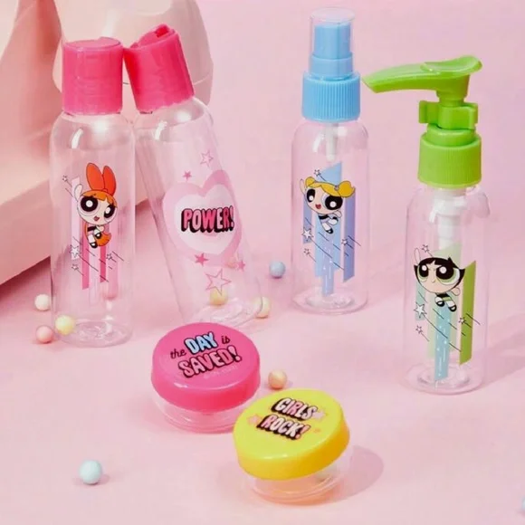 Powerpuff Girls 7pc Lot Travel Set Spray Squirt Bottles, Lidded Containers, Bag