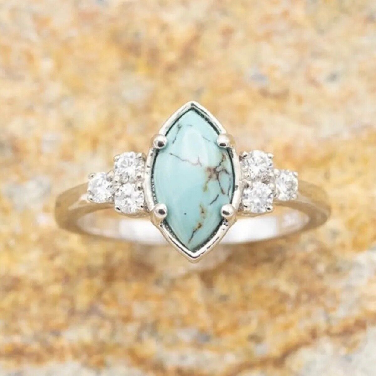 Multilayer Turquoise Rings With Delicate Moissanite Silver Tone 3 Piece New Set