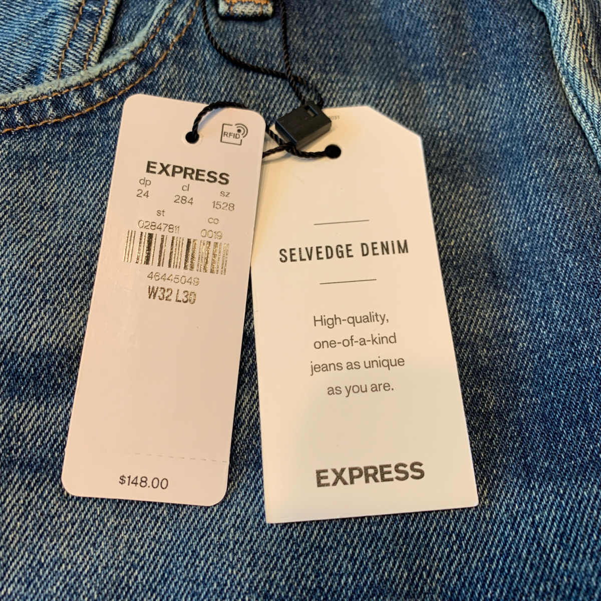 $148 Express Stretch Selvedge Jeans Slim Medium Wash Colorway Button 32x30 NWT