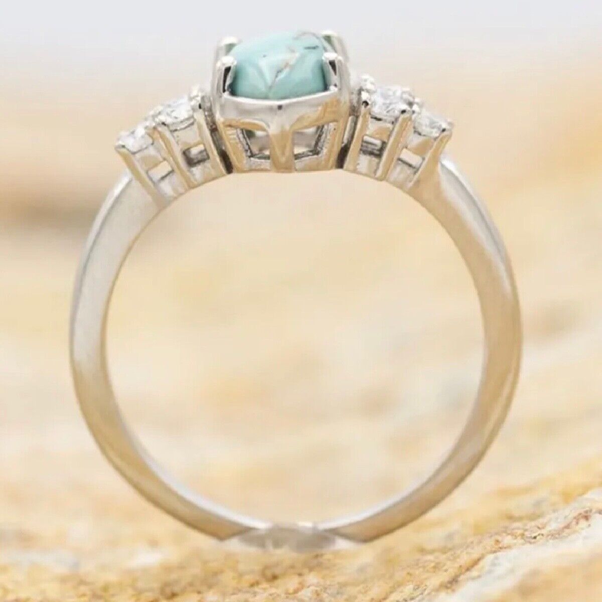 Multilayer Turquoise Rings With Delicate Moissanite Silver Tone 3 Piece New Set