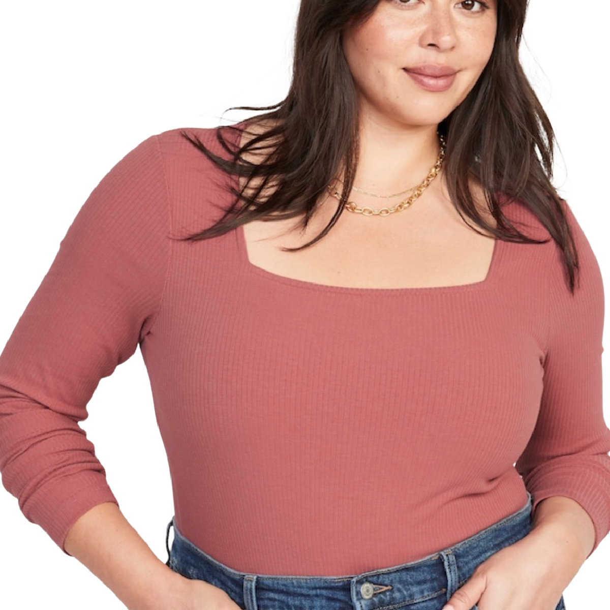 Long Sleeve Square Neck Rib Knit Bodysuit 4X (28/30) In Dusty Red Stretch NWT