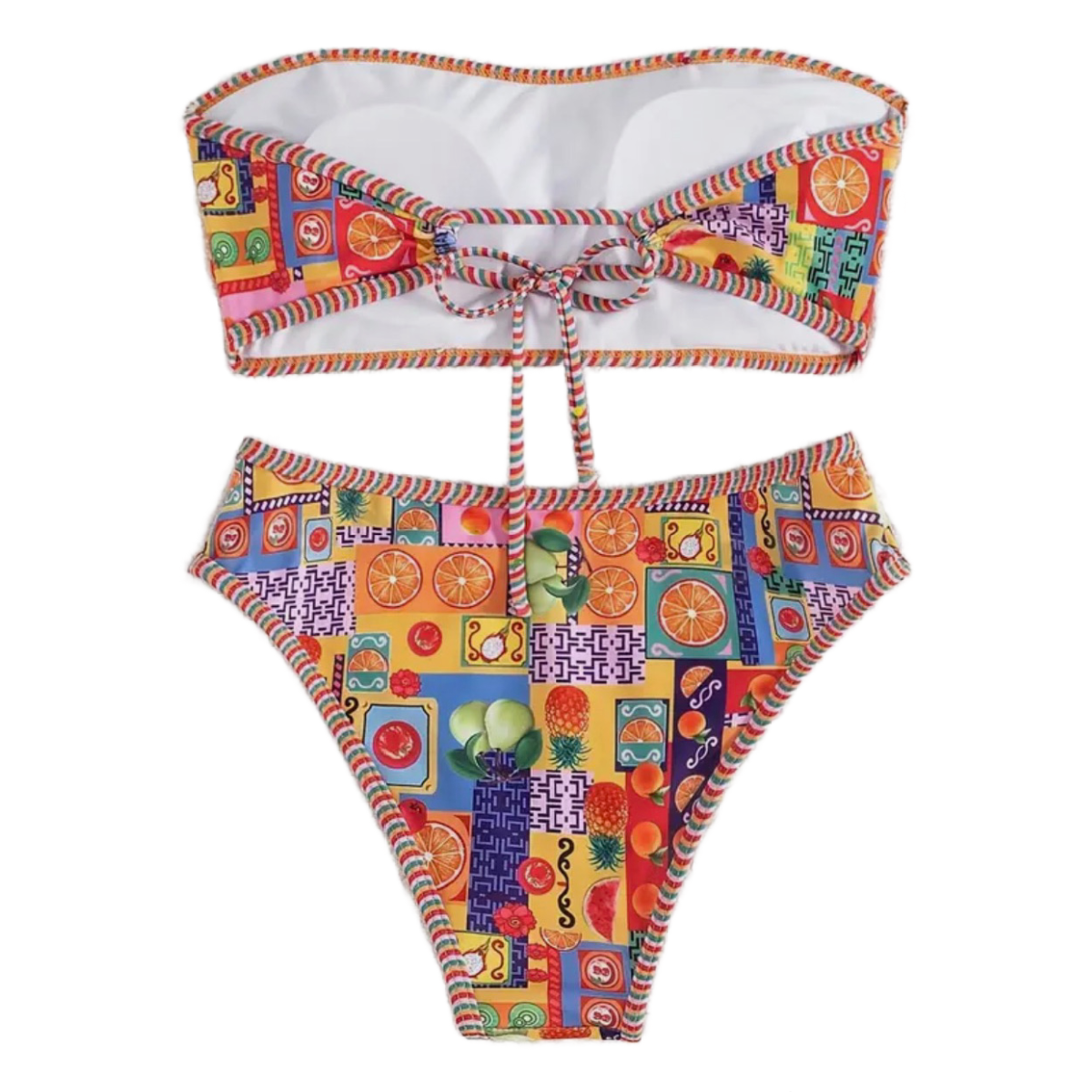 Boho Bikini 2pc Swimsuit Set Tropical Fruit Strapless Bandeau High Cut Lace Up