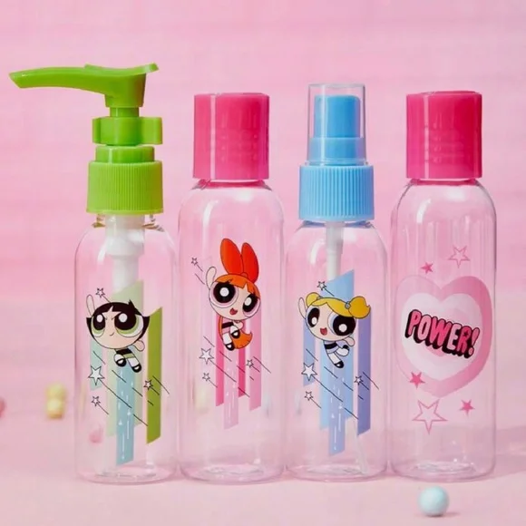 Powerpuff Girls 25pc Lot Travel Bottles, Sponges, Puffs, Tweezers, Hair Clips