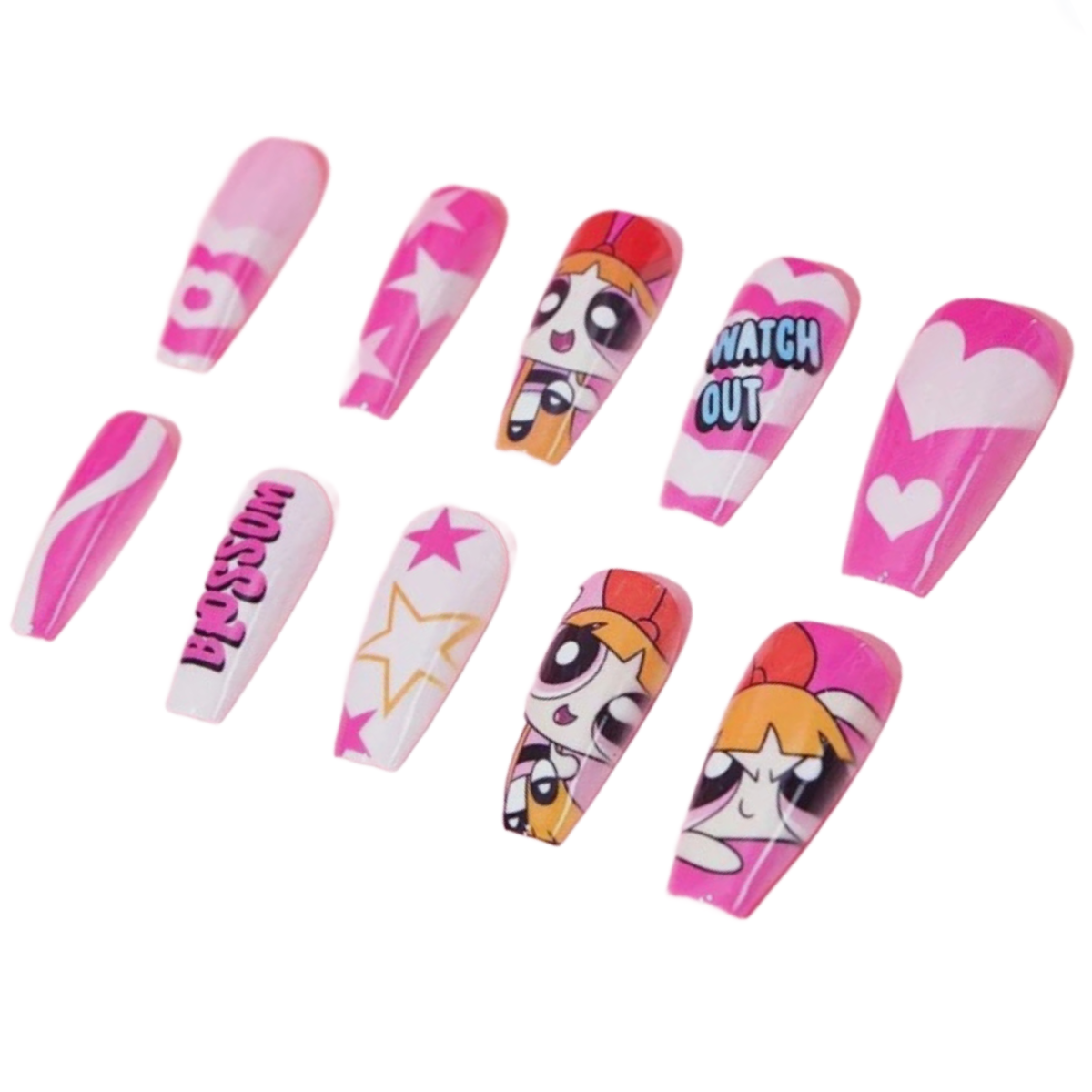 Powerpuff Girls Reusable Press-On Nails Set, Jelly Sticker, File, Cuticle Stick