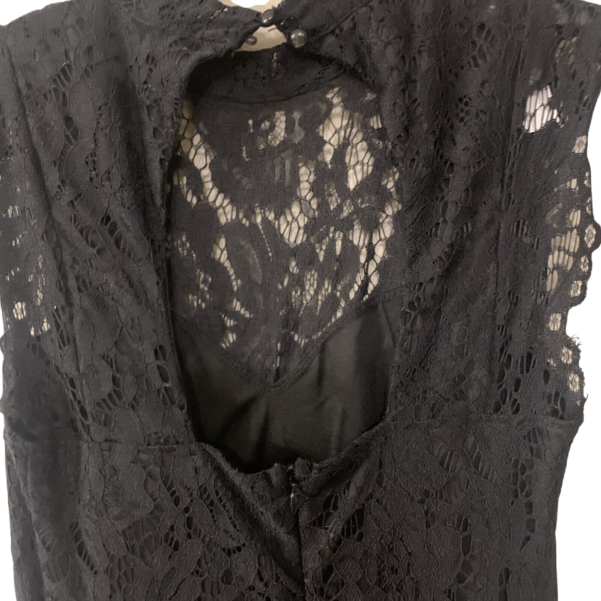 Lace Lined Petite Dress Key Hole Back Mandarin Collar Cap Sleeve Black NWT