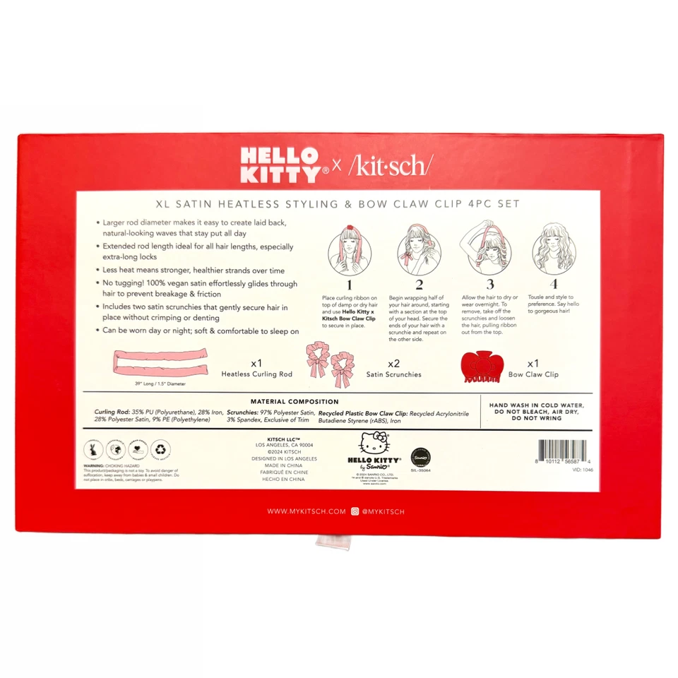 Hello Kitty x Kit•sch XL Satin Heatless Styling & Red Bow Claw Clip 4pc Set NEW