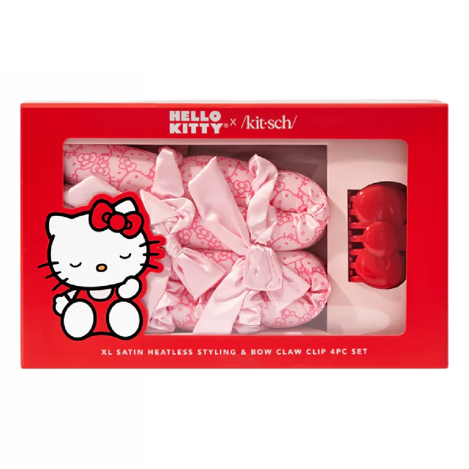 Hello Kitty x Kit•sch XL Satin Heatless Styling & Red Bow Claw Clip 4pc Set NEW