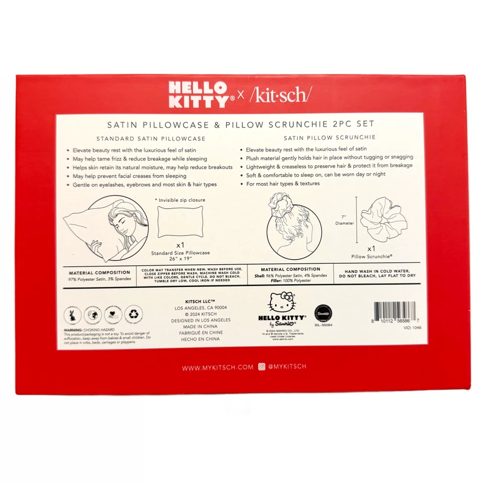 Hello Kitty x Kit•sch Lot 2 Sets Satin Pillow, Heatless Styling, Scrunchie, Claw
