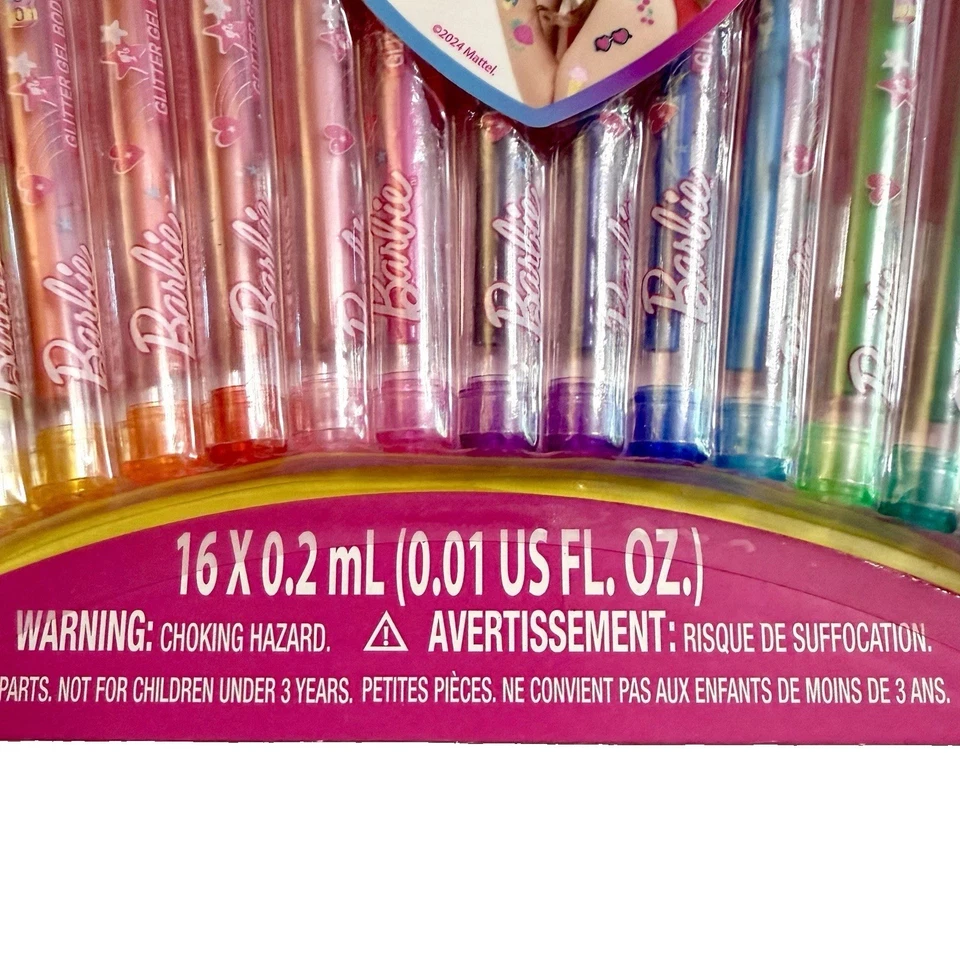 Mattel Barbie 16 Piece Glitter Pen Body Art Set Glittery and Bright Colors NEW