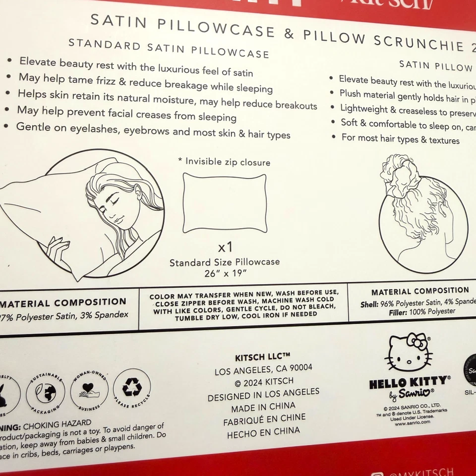 Hello Kitty x Kit•sch Lot 2 Sets Satin Pillow, Heatless Styling, Scrunchie, Claw