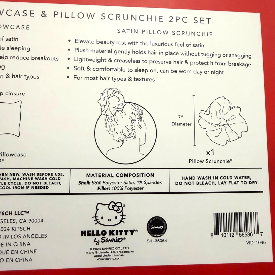 Hello Kitty x Kit•sch Satin Pillowcase & Pillow Scrunchie 2pc Standard/Queen Set
