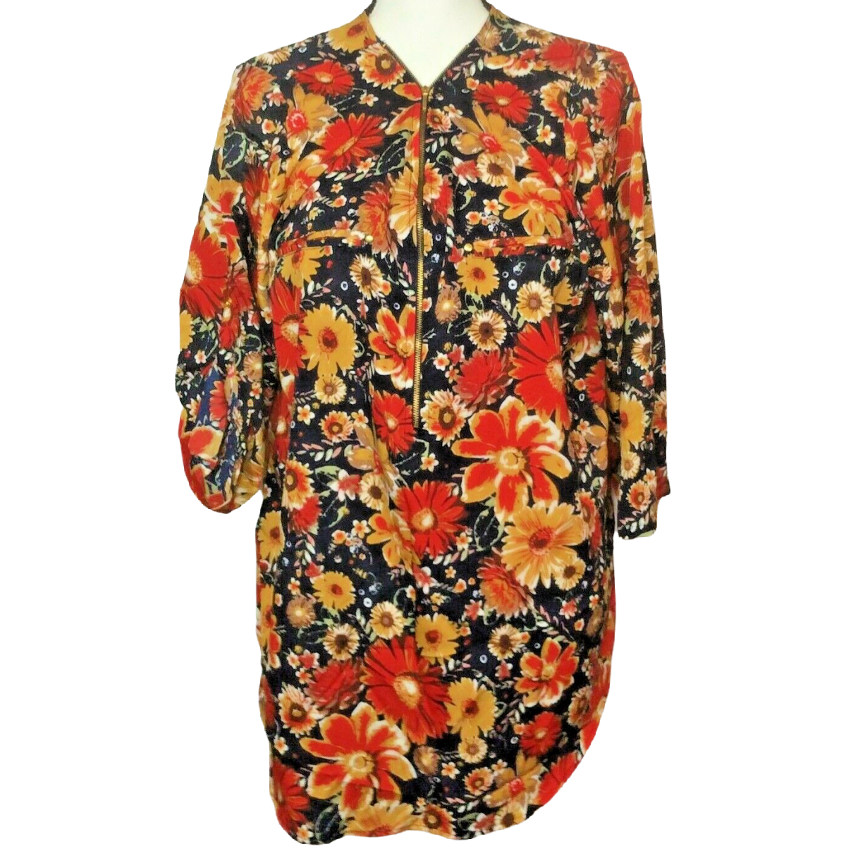 MPH Collection Women Tunic Shirt Size 2X Zipper Floral Flower Pockets Roll Tab