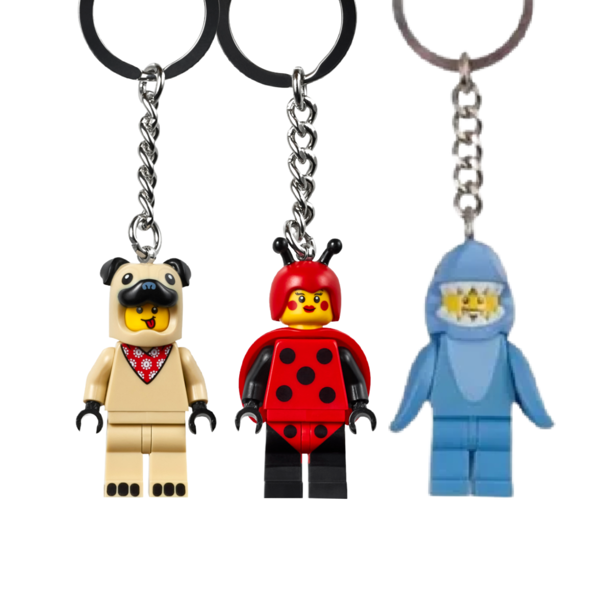 LEGO Costume Keychain Lot of 3 French Bull Dog Guy, Lady Bug Girl, Shark Suit
