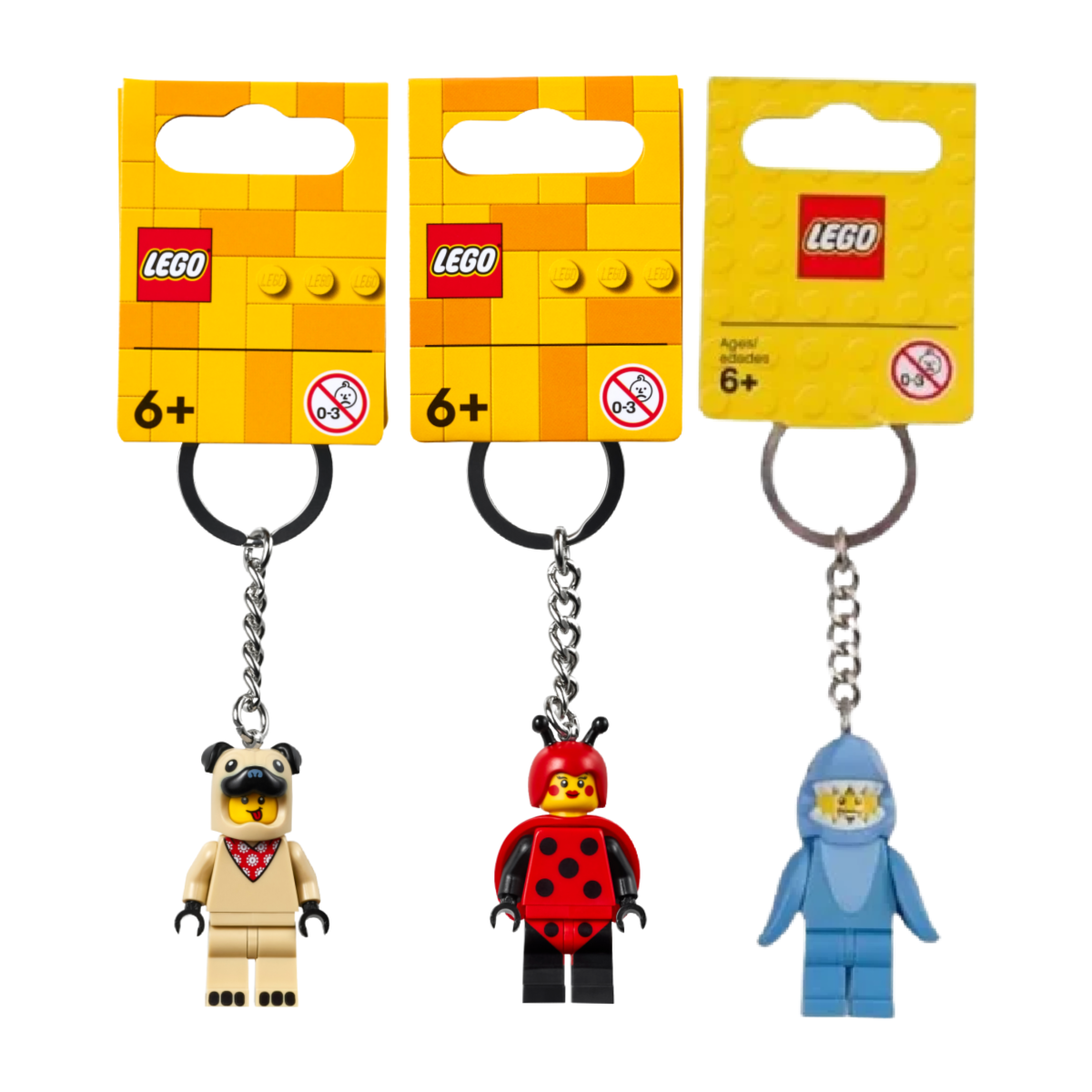 LEGO Costume Keychain Lot of 3 French Bull Dog Guy, Lady Bug Girl, Shark Suit