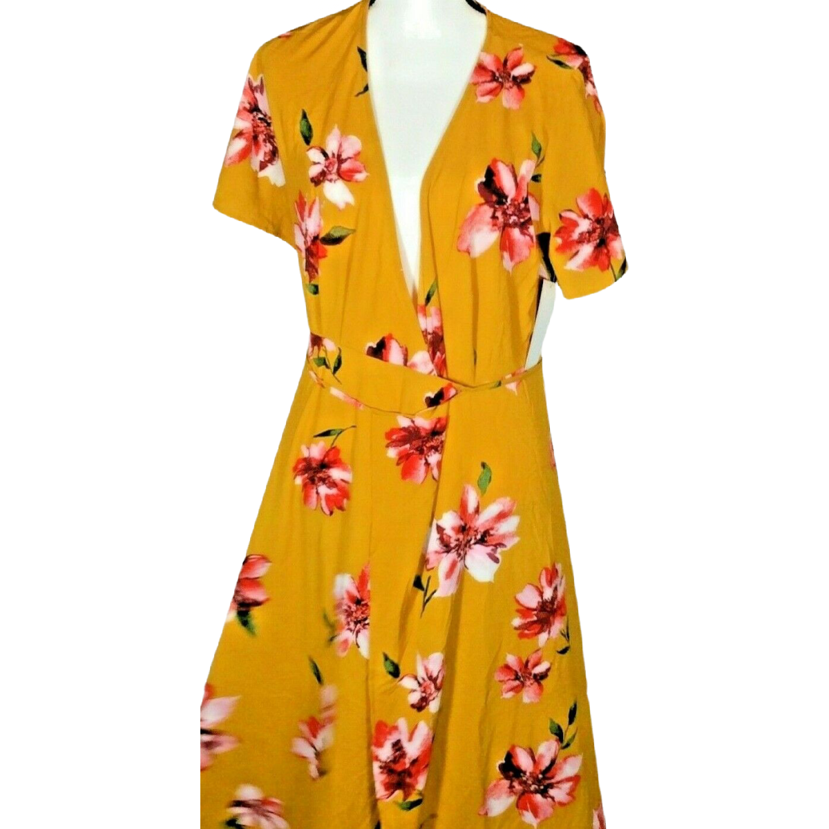Magnolia Skye Floral Wrap Around Dress Size XL Belt Tie Flutter Yellow Red NWT