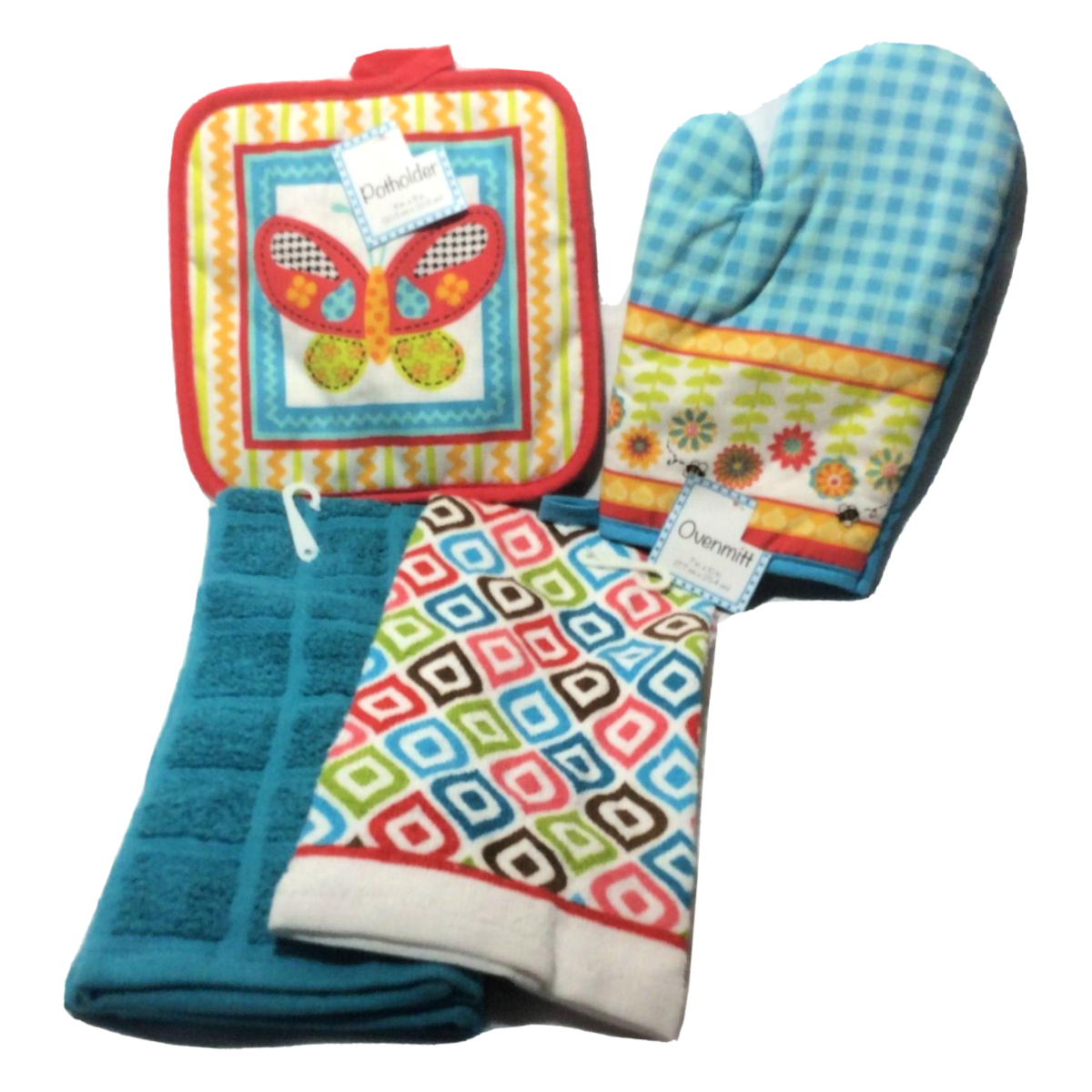 Kitchen Towels Lot Oven-Mitt Potholder Turquoise Butterfly Bee Geometric NWT